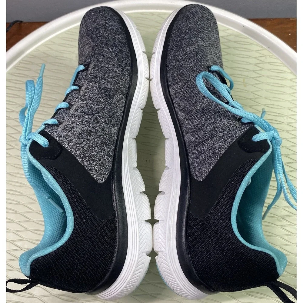 Skechers Flex‎ Lite Womens Gray/Black/Blue Shoes Memory Foam Sneakers Sz.9